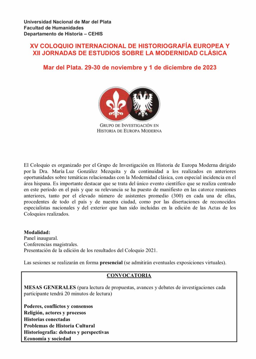 GrupoModerna's tweet photo. Estimados, nos complace compartir la II Circular y el flyer sobre el XV COLOQUIO INTERNACIONAL DE HISTORIOGRAFÍA EUROPEA Y XII JORNADAS DE ESTUDIOS SOBRE LA MODERNIDAD CLÁSICA. Será un gusto contar con su presencia.
Para más información: https://t.co/sTyoTtr1JP https://t.co/dEyGzVoPYM