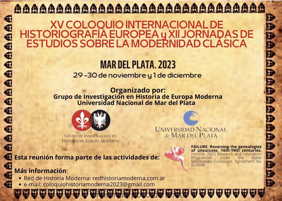 Estimados, nos complace compartir la II Circular y el flyer sobre el XV COLOQUIO INTERNACIONAL DE HISTORIOGRAFÍA EUROPEA Y XII JORNADAS DE ESTUDIOS SOBRE LA MODERNIDAD CLÁSICA. Será un gusto contar con su presencia.
Para más información: redhistoriamoderna.com.ar