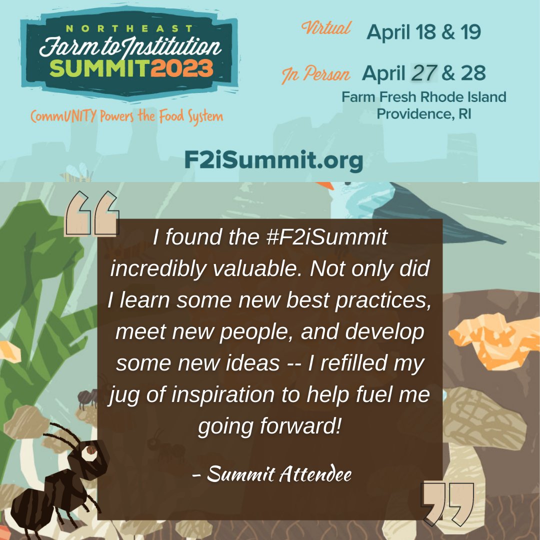 Farm2Inst's tweet image. Connect, learn, and grow 🌱at the #F2isummit. Hear from past attendees and register today! Our tiered ticketing and sliding scale pricing make it accessible to all. Join us for the virtual or Full Summit at f2isummit.org #farmtoinst #community