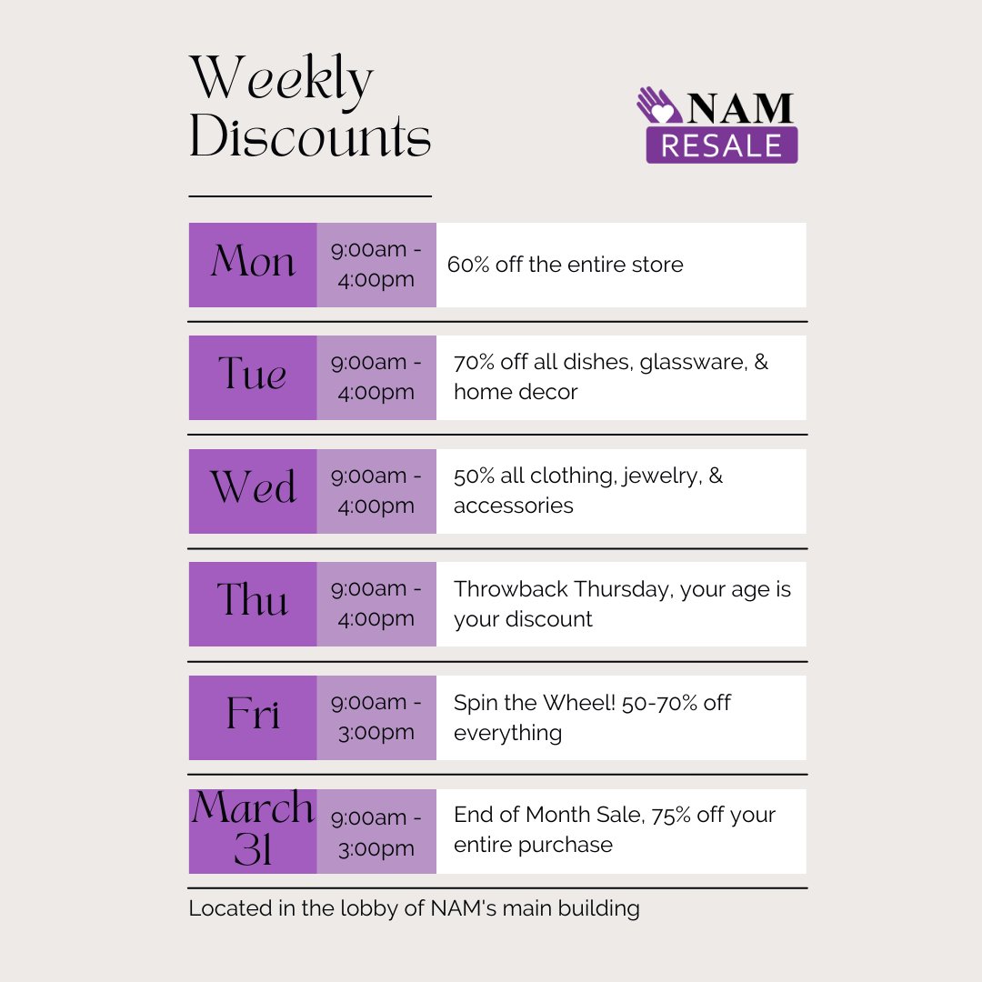 Make sure you drop by the NAM Resale store this week to take advantage of our awesome deals!
#resale #namresale #namhelps #DISCOUNT #neighborshelpingneighbors