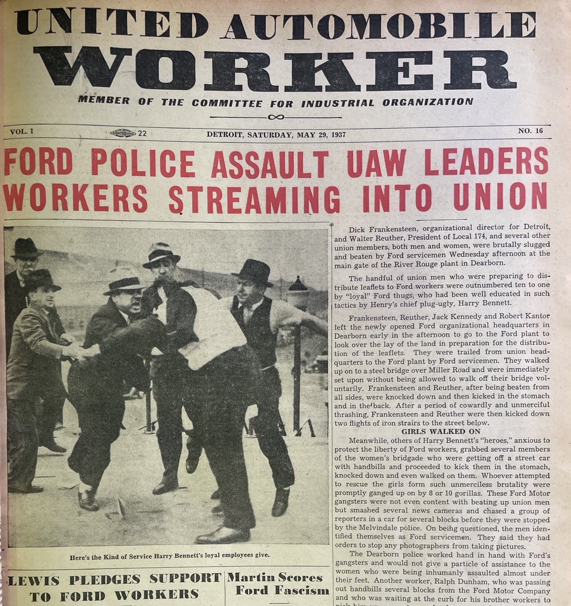 UAW_Archivist's tweet image. Front page headlines from the United Automobile Worker newspaper, about the @UAW&apos;s Ford Motor organizing campaign, 1937-1938. Items I came across for my presentation on the Battle of the Overpass. From the union&apos;s bound newspaper collection at the @ReutherLibrary.