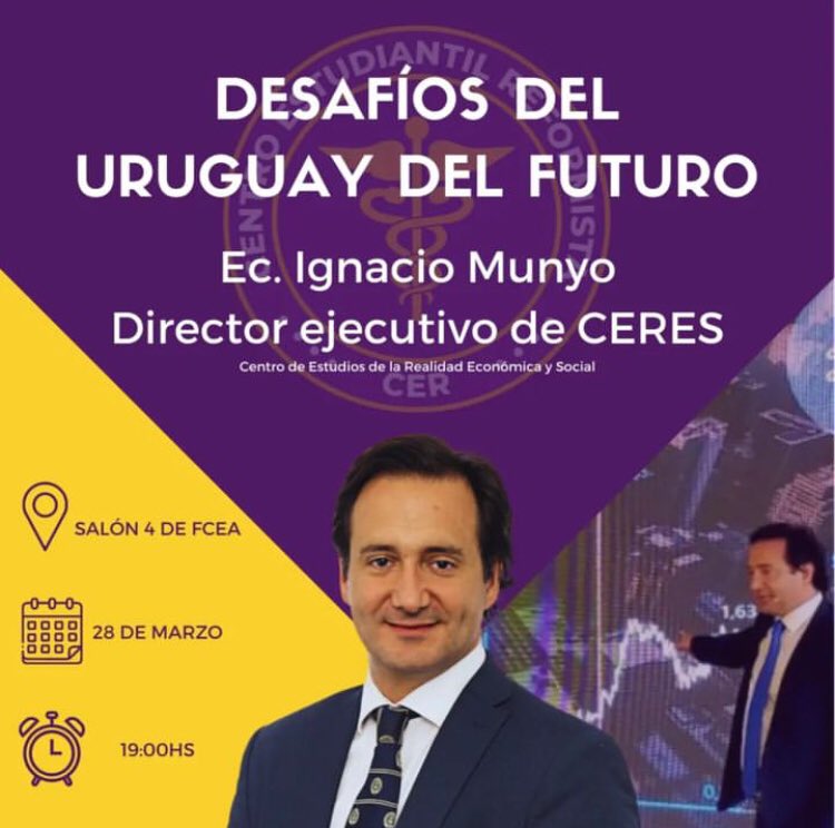 FabiuGonzalez's tweet photo. Mañana a las 19hs en el Salón 4 los esperamos en @FCEA_UdelaR para conversar con @IgnacioMunyo sobre los desafíos del Uruguay del futuro. 

@CER_Economia https://t.co/UeWNT3hIPR