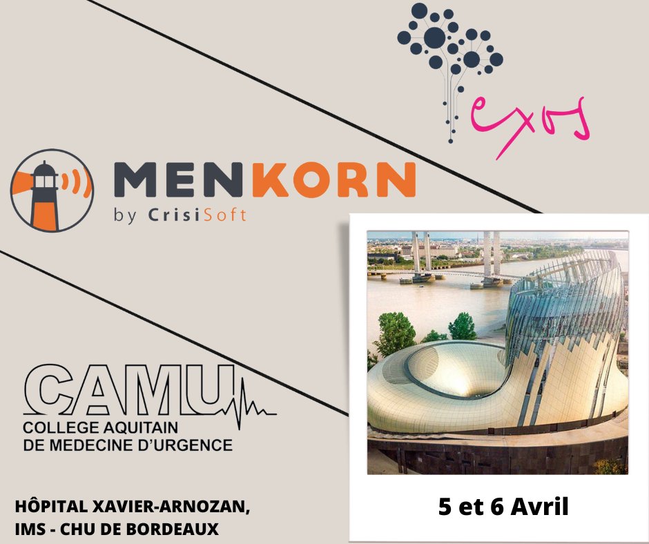 crisisoft's tweet photo. @CrisiSoft et @ExosTelecom ont le plaisir de vous annoncer leurs participations au 29eme congrès du Collège Aquitain de Médecine d’Urgence! #camucongres

Venez nous retrouver le 5 et 6 avril 2023 à l’HÔPITAL XAVIER-ARNOZAN, l’Institut des Métiers de la Santé - CHU de Bordeaux https://t.co/LrxtBHkGY8