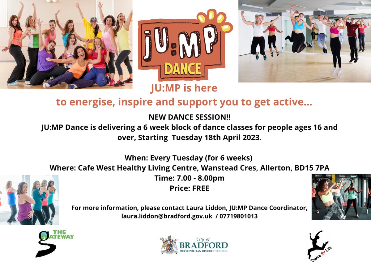 ADULTS!! We have a new dance fitness session trialling for 6 weeks at <a href="/cafewestBD15/">Cafe West</a>
It will be a fun hour of Dance. No experience is necessary. 
Please wear trainers and comfortable clothing