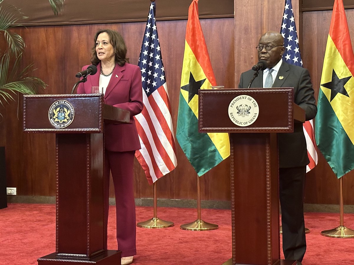 In a press conference with the president of Ghana, VP Kamala Harris says the administration is "guided not by what we can do for"
Africa but "what we can do with" the continent.