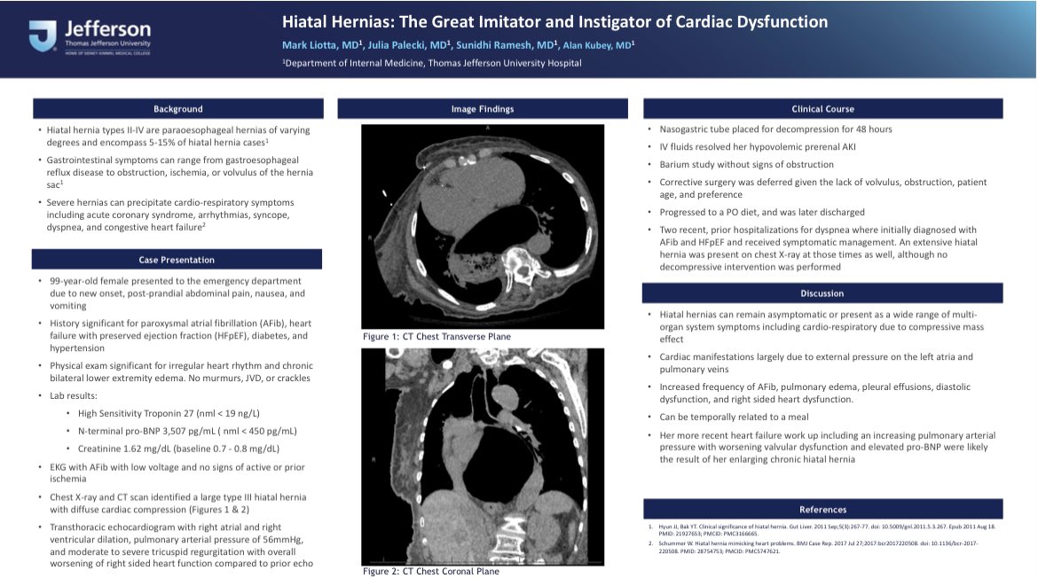 Rebecca Jaffe, MD (@rjmdphilly) on Twitter photo Next, another case study of large hiatal hernia causing cardiac dysfunction. Take home - HH is not only a chest pain mimic, especially if compressing key mediastinal structures. Another <a href="/CalBear5/">Alan Kubey</a> mentored student presented poster. Alan tag your students! 6/ Next, another case study of large hiatal hernia causing cardiac dysfunction. Take home - HH is not only a chest pain mimic, especially if compressing key mediastinal structures. Another <a href="/CalBear5/">Alan Kubey</a> mentored student presented poster. Alan tag your students! 6/