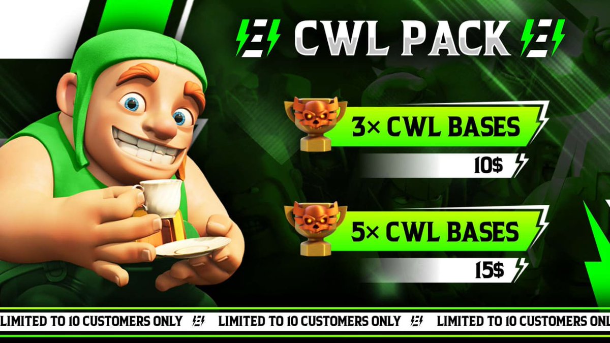 Are You Ready For CWL With Your Bases? Still Not Then No Worries!

📢| Exclusive CWL Base Pack

⚒️| Base Pack Contains: 5 Th15 CWL Bases. 

💰| 3 × Th15 CWL Bases: 10$
💰| 5 × Th15 CWL Bases: 15$ 

🚨| Exclusive To Only 10 Customers. 

To Order Dm or Join Our Discord Server