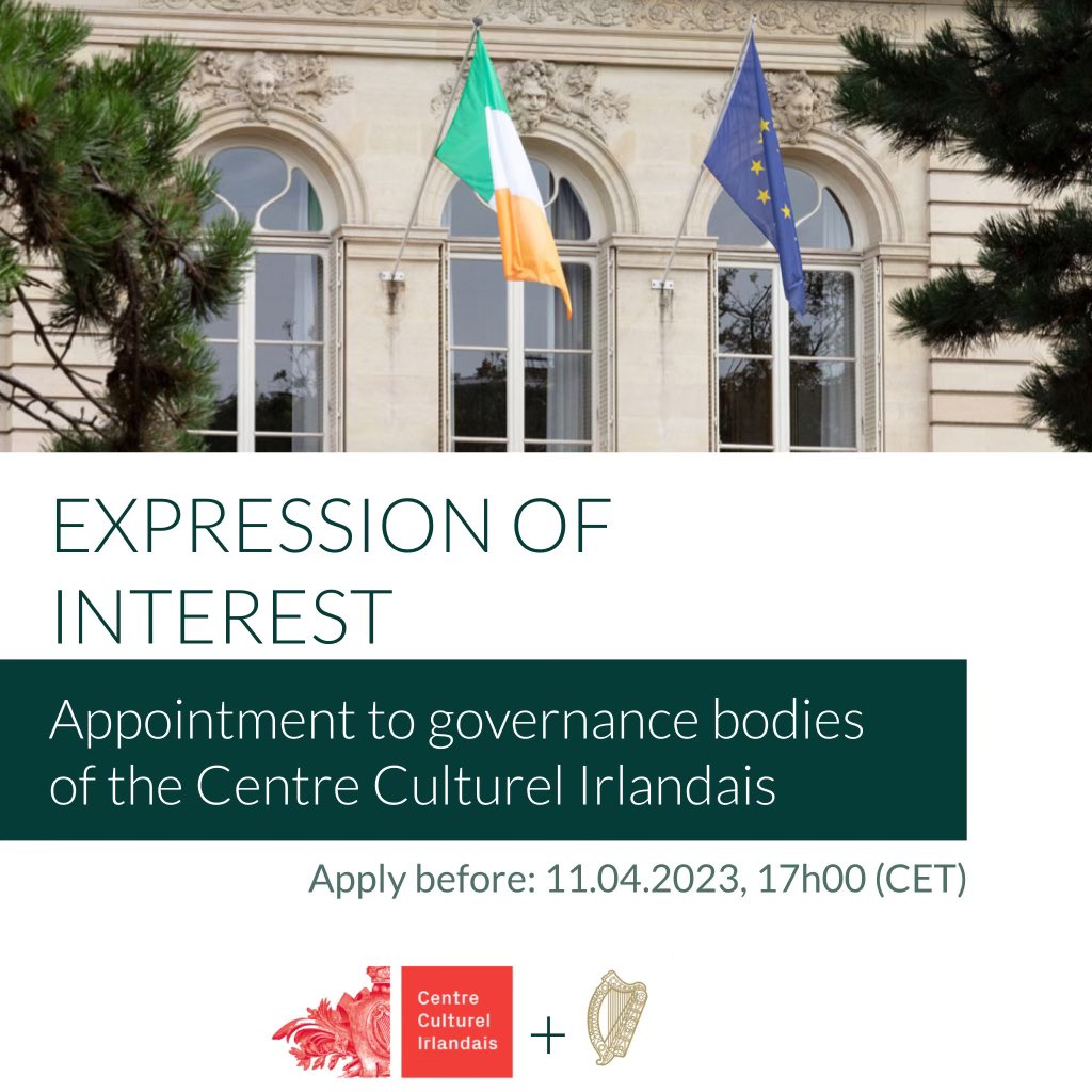 Passionate about promoting cultural exchange between Ireland and France?

<a href="/dfatirl/">Irish Foreign Ministry</a> is seeking expressions of interest for appointment to the Board and Strategy Committee of <a href="/cc_irlandais/">Centre Culturel Irlandais</a>, Ireland’s cultural flagship in Europe.

Full details: bit.ly/42VFeqb