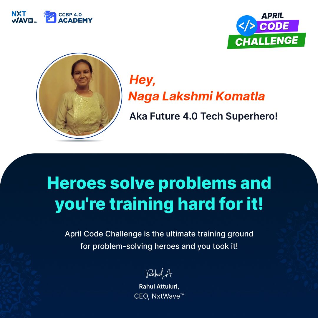 naga91821's tweet photo. Ah ! I'm thrilled for April Code Challenge | 
🏆let's Code hard, win BIG ! The power of determination will make you unstoppable🔥
#Aprilcodingchallenge #coding #nxtwave #unstoppable #codingchallenge https://t.co/P1LaISjJCe