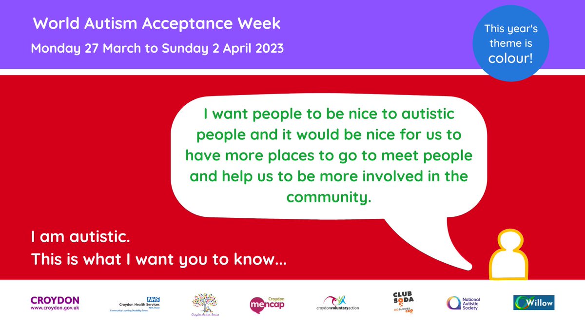 This week is Autism Acceptance Week

We spoke to autistic people in Croydon and all week we will be sharing what they want you to know.
#AutismAcceptanceWeek 
@learning_willow 
@GigBuddies_Croy @yourcroydon