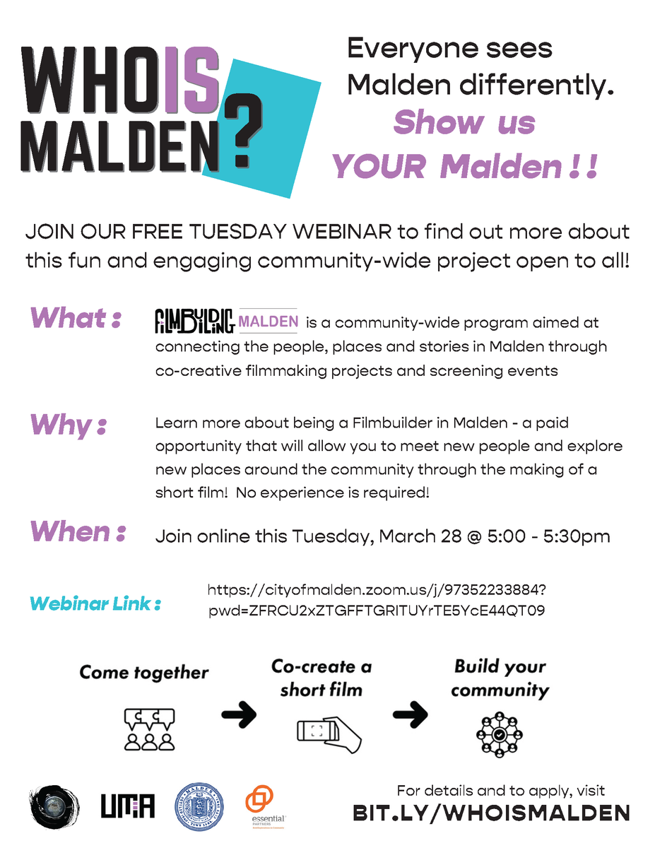 Are you a content creator?  If you have ever posted anything on social media, the answer is YES!  Why not take those skills and apply them to a different kind of project to highlight our great city.

cityofmalden.zoom.us/j/97352233884?…