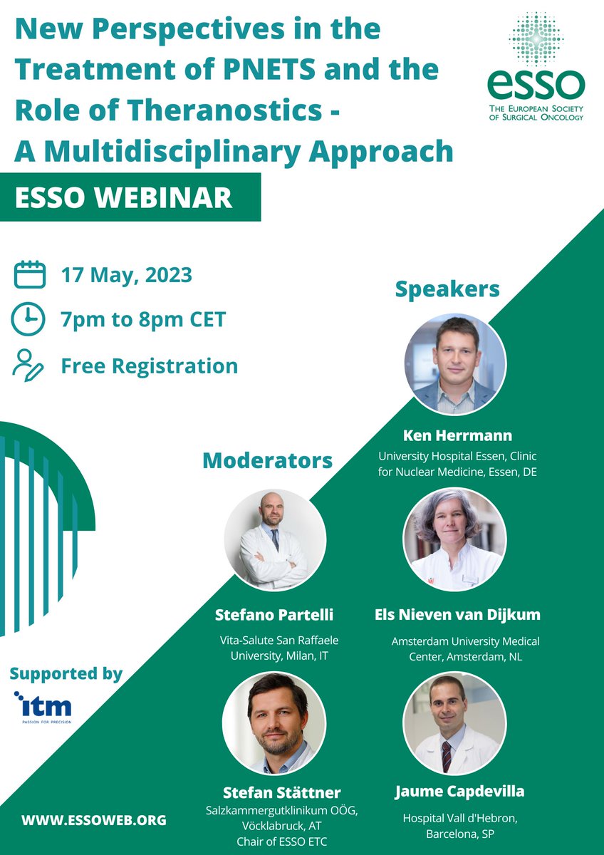 European Society of Surgical Oncology (ESSO) (@essonews) on Twitter photo 🔜ESSO Webinar on New Perspectives in the Treatment of #PNETS and the Role of #Theranostics - A #MultidisciplinaryApproach
🗓️ 17 May 2023
🕖 7pm to 8pm CET
👉 essoweb.org/courses/esso-w…
<a href="/spartelli/">Stefano Partelli</a> <a href="/SStattner/">Shelley Stattner</a> <a href="/Ja_Capdevila/">Jaume Capdevila</a> <a href="/ProfKHerrmann/">Ken Herrmann</a> <a href="/ITM_Radiopharma/">ITM Isotope Technologies Munich SE</a>
#SurgicalOncology 🔜ESSO Webinar on New Perspectives in the Treatment of #PNETS and the Role of #Theranostics - A #MultidisciplinaryApproach
🗓️ 17 May 2023
🕖 7pm to 8pm CET
👉 essoweb.org/courses/esso-w…
<a href="/spartelli/">Stefano Partelli</a> <a href="/SStattner/">Shelley Stattner</a> <a href="/Ja_Capdevila/">Jaume Capdevila</a> <a href="/ProfKHerrmann/">Ken Herrmann</a> <a href="/ITM_Radiopharma/">ITM Isotope Technologies Munich SE</a>
#SurgicalOncology