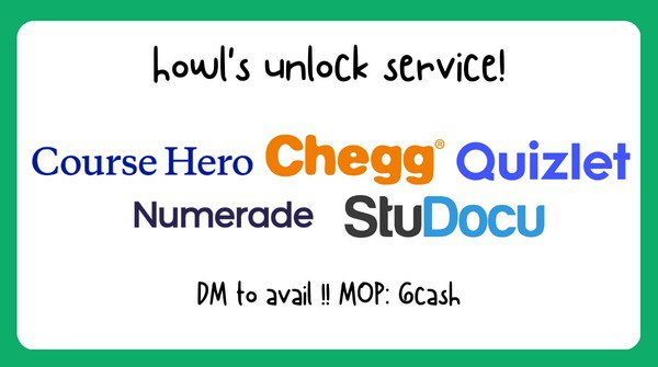 howlservice's tweet photo. unlock per link

- bartleby learn ₱4
- chegg ₱4
- quizlet ₱4
- numerade ₱5
- studocu ₱5
- scribd ₱5
- course hero ₱7

send message lang po to avail :D

lf unblur unblock unlocks ph rush https://t.co/KOi32aFJRk
