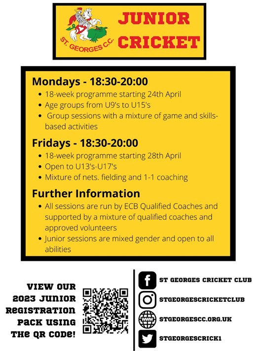 Check out <a href="/StGeorgesCrick1/">St Georges Cricket Club</a> new junior cricket programmes that are due to start very soon! 🏏 <a href="/CricketShrops/">Cricket Shropshire</a>