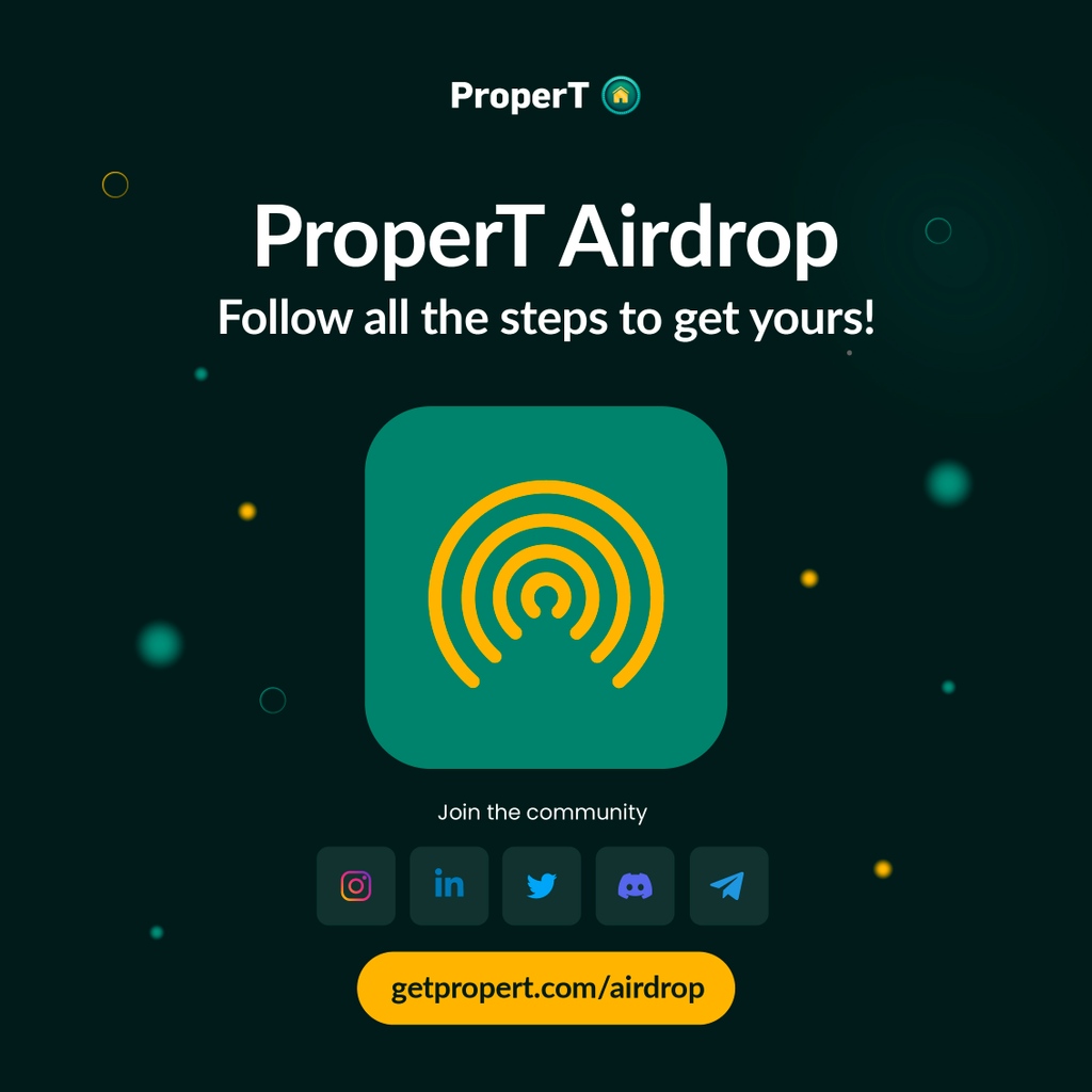 ⭐ The official ProperT Airdrop is here!

1️⃣ Follow <a href="/GetProperT/">ProperT</a> Twitter
2️⃣ Like &amp; Retweet this post!
3️⃣ Comment on the post
4️⃣ Wait for the drop! 🎁

Register here 👉 getpropert.com/airdrop/ today!