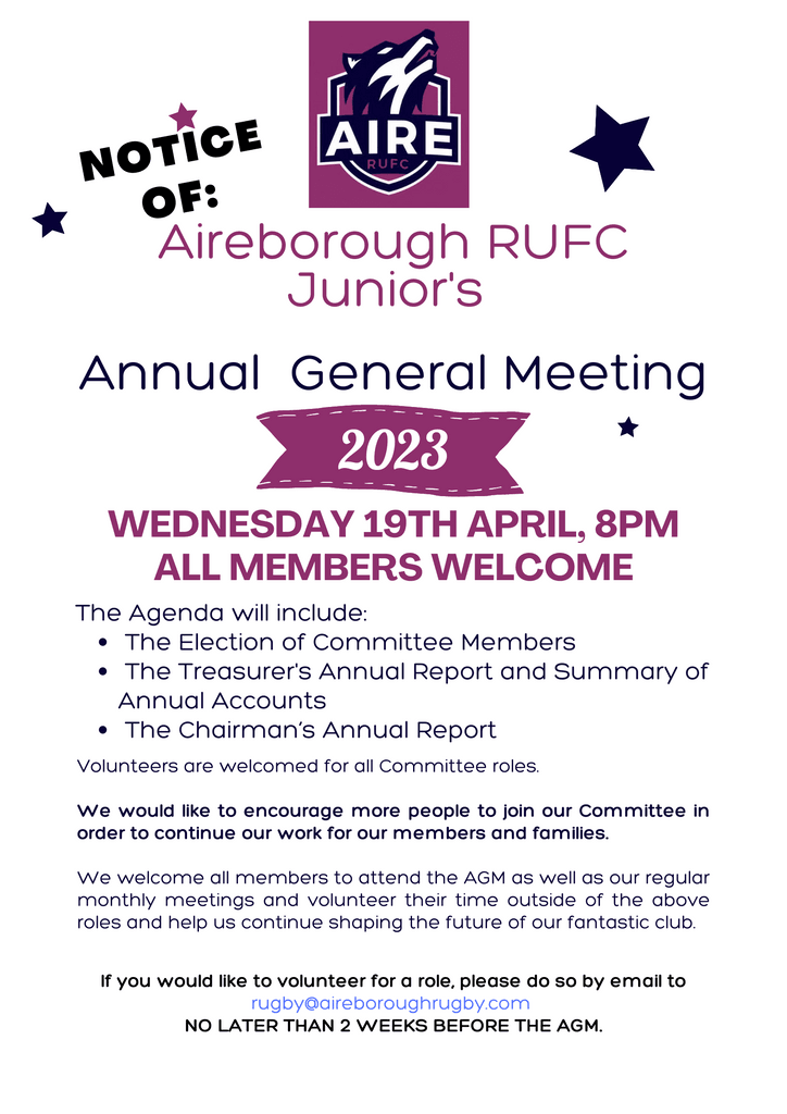 Aireborough Juniors Annual General Meeting 
Wednesday 19 April 2023, 8pm Start
aireboroughrugby.com/calendar/event…