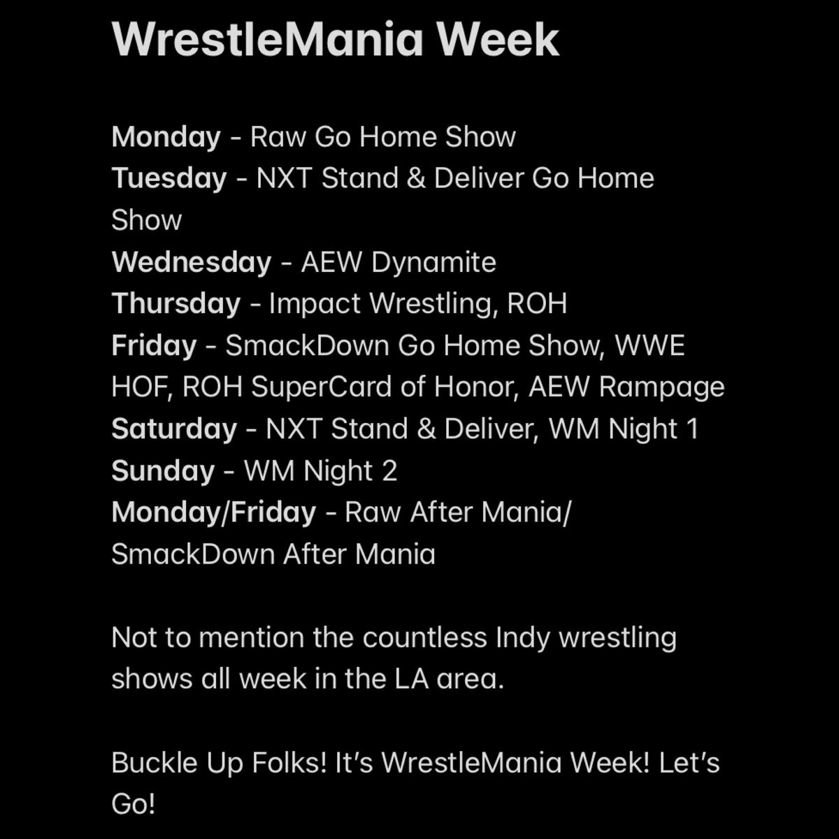 It’s the most wonderful (and exhausting) time of the year! It’s #WrestleMania Week baaaaabbbbyyyyyyy!!! It all kicks off with #WWERaw tonight!

<a href="/ScottyJStream/">Scott Julian</a>
<a href="/TheSLBOfficial/">The SLB</a>
<a href="/JonTheStatMan/">Jon the Stat Man</a>
<a href="/Wrestling_Fan_9/">Ethan Black</a>
<a href="/ShipItMrZak/">Mr. Zak</a>
<a href="/ShipItStudios/">Ship it Studios</a>