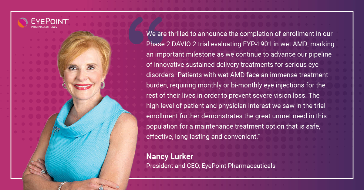 EyePointPharma's tweet photo. 🎉#NEWS: EyePoint Pharmaceuticals completes enrollment for oversubscribed Phase 2 DAVIO 2 #clinicaltrial of #EYP1901 for maintenance treatment of #WetAMD.

Learn more: https://t.co/5SnOkURqT3

#clinicaltrials #ophthotwitter #ophthalmology #investornews https://t.co/qsHtSkqved