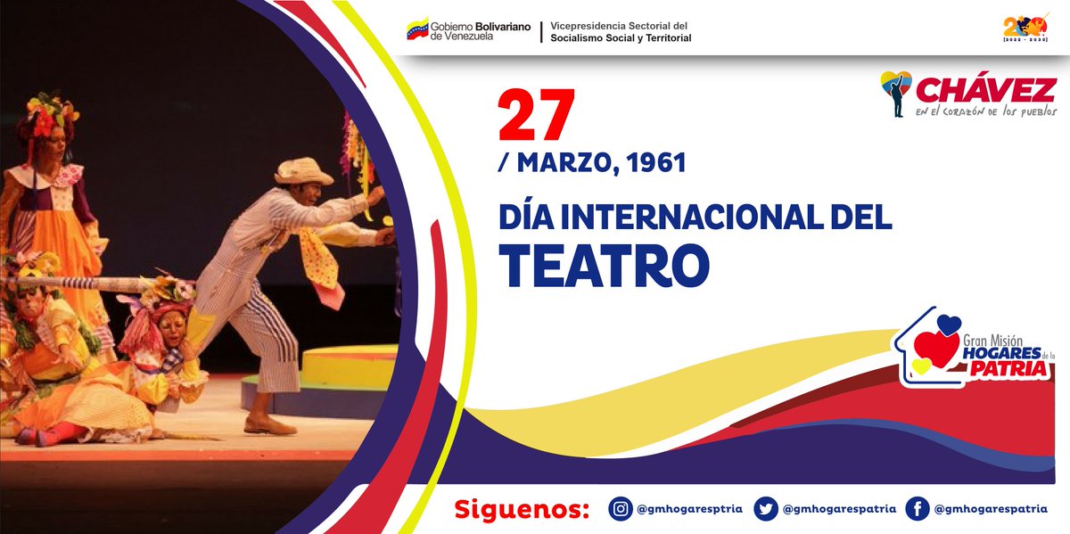 #EFEMÉRIDE 📆 | Venezuela se une a la celebración del Día Internacional del Teatro. El Gobierno Bolivariano garantiza el disfrute de los derechos culturales y recreativos, a través de políticas públicas dirigidas a afianzar en el colectivo la importancia de las artes escénicas.
