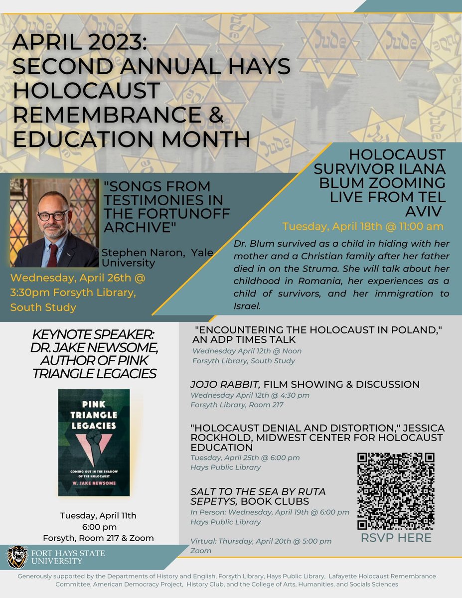 Amber_N_Nickell's tweet photo. Join us for the Second Annual Hays #Holocaust Remembrance and Education Month. Nearly everything is hybrid. All events are free and open to the public. @HaysCVB  @FortHaysState  @hayspost  @FHSUOnline  @FHSUhistory https://t.co/38b4uaBsEe