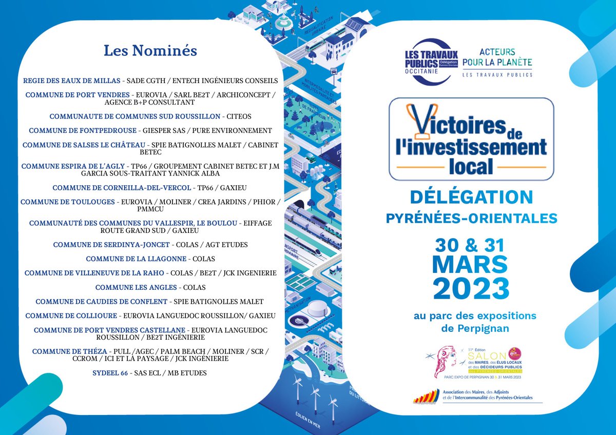 📅 Les Victoires de l'Investissement Local des #PyreneesOrientales 2023 le jeudi 30 mars à 17h15 au Parc des Expositions de #Perpignan à l’occasion du Salon des Maires, des élus locaux et des décideurs publics des P-O. <a href="/FRTPLR/">FRTP Occitanie délégation Méditerranée</a>