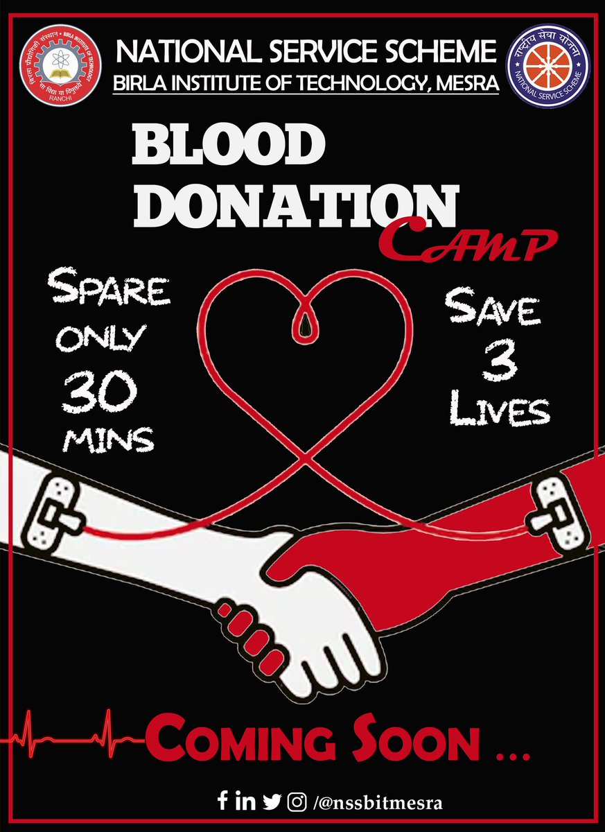 nssbitmesra's tweet photo. #NSS_BIT_MESRA
#BLOOD_DONATION_CAMP
#COMING_SOON
Did you know that every pint of blood donated can save up to three lives? So before you think that blood donation is a small deed think about the people for whom it is a gift of life. https://t.co/4LxhmGncEj