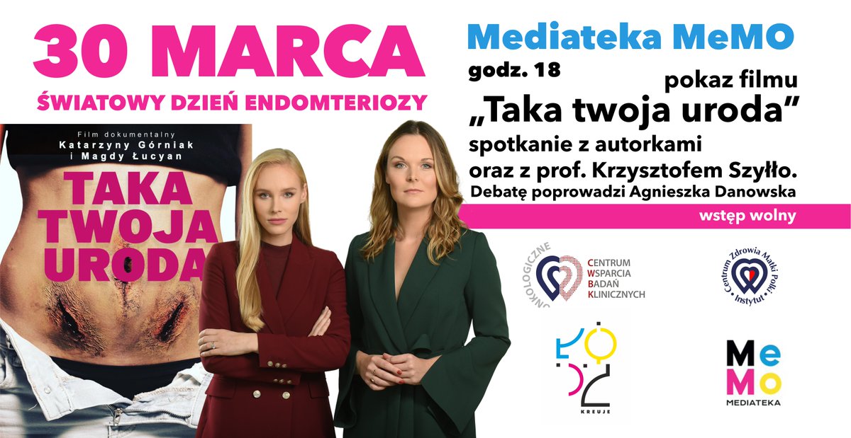 Instytut CZMP (@iczmp) on Twitter photo #ŚwiatowyDzieńEndometeriozy.
30 marca o godz. 18 zapraszamy na pokaz nagradzanego filmu „Taka twoja uroda”, którego autorkami są dziennikarki TVN: Katarzyna Górniak i Magda Łucyan. Po projekcji spotkanie z autorkami i prof. Krzysztofem Szyłło.
#endometrioza
<a href="/NFZ_Lodz/">Anna Leder</a> #ŚwiatowyDzieńEndometeriozy.
30 marca o godz. 18 zapraszamy na pokaz nagradzanego filmu „Taka twoja uroda”, którego autorkami są dziennikarki TVN: Katarzyna Górniak i Magda Łucyan. Po projekcji spotkanie z autorkami i prof. Krzysztofem Szyłło.
#endometrioza
<a href="/NFZ_Lodz/">Anna Leder</a>