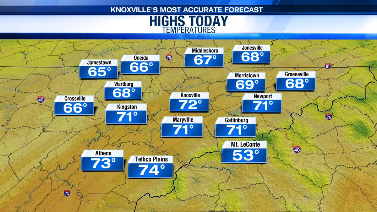 wateweather's tweet image. We will see some breaks of sunshine this afternoon with highs in the upper 60s and low 70s! #TNwx #WATEwx