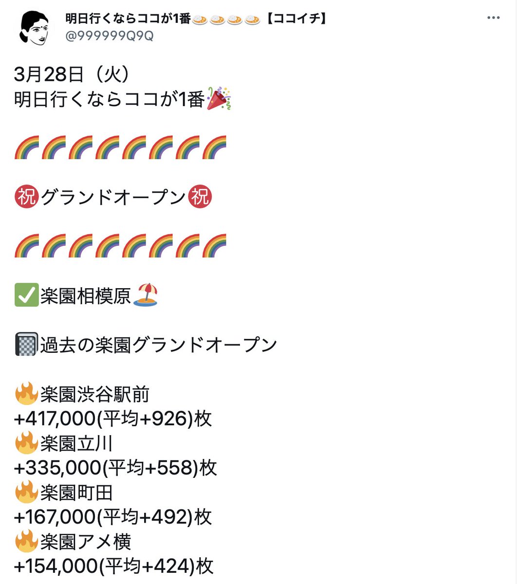 3/28
🟥SNS検索店舗一覧
🌟楽園相模原
🌟新!ガーデン戸塚
・マルハン池袋
・マルハン蒲田駅東
・ジュラク王子
・レッドロック学芸大学駅前
・楽園大山
・ライブガーデン篠崎
・PIA町田新館
・ピーアーク北千住SSS
・マルホン押上
・ピーアーク相模大野
・やすだ相模原
・ガーデン北戸田