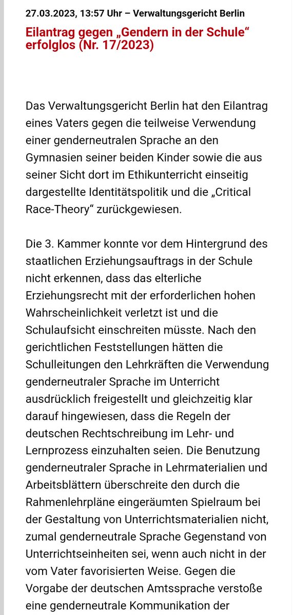 Eilantrag eines Vaters gescheitert ... das ist keine Überraschung
staatliche Erziehungsauftrag überlagert oft Elternrecht #schule