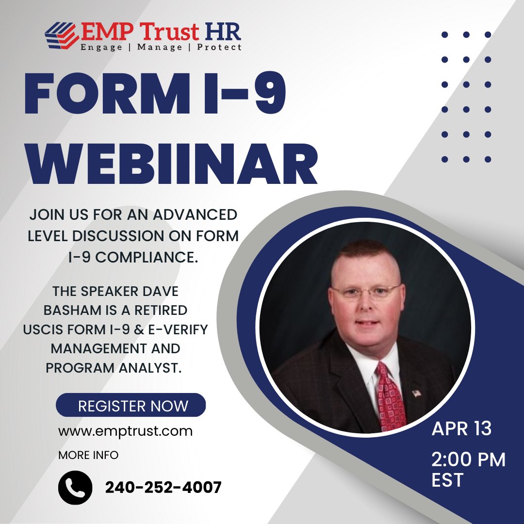 EMPTrust's tweet image. 🚨 Form I-9 violations can translate to huge penalties for employers. Here’s your chance to clarify all your misunderstandings and learn from the best💡
Follow the link to register hubs.ly/Q01JcbXV0 and join our #Webinar on Form I-9 compliance. 
#emptrusthrsolutions #i9