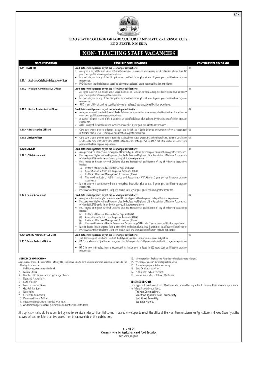 EdoSmafs's tweet photo. #VACANCYANNOUNCEMENT

NON TEACHING STAFF VACANCIES AT THE EDO STATE COLLEGE OF AGRICULTURE AND NATURAL RESOURCES, IGUORIAKHI.

https://t.co/ghwh1fvE3a

@EdoStateGovt 
@edocomms_org 
@eicoofficial1 https://t.co/5VgZoshG6M