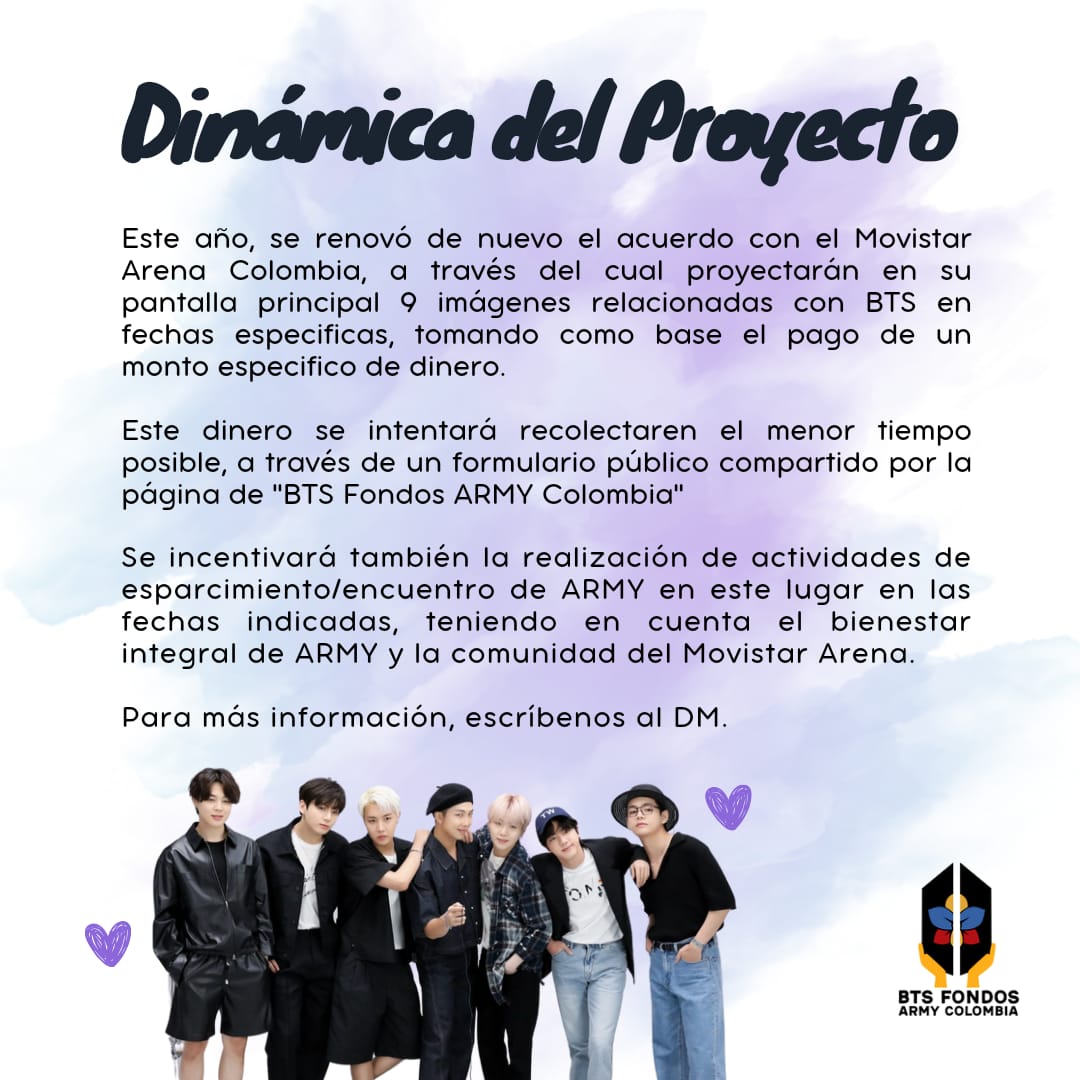 btsarmycol_'s tweet photo. 🏟️🇨🇴💜 #BTS_MovistarArenaCo23

📌 Proyecto Pantallas de Celebración Fechas Bangtan

#ARMYColombia 
Hemos recogido el 50% del dinero que debemos entregar al Movistar por las proyecciones que se llevarán a cabo en lo que falta del año🥺

📝https://t.co/iWglUKOw4f https://t.co/dZ1rmo6gNN