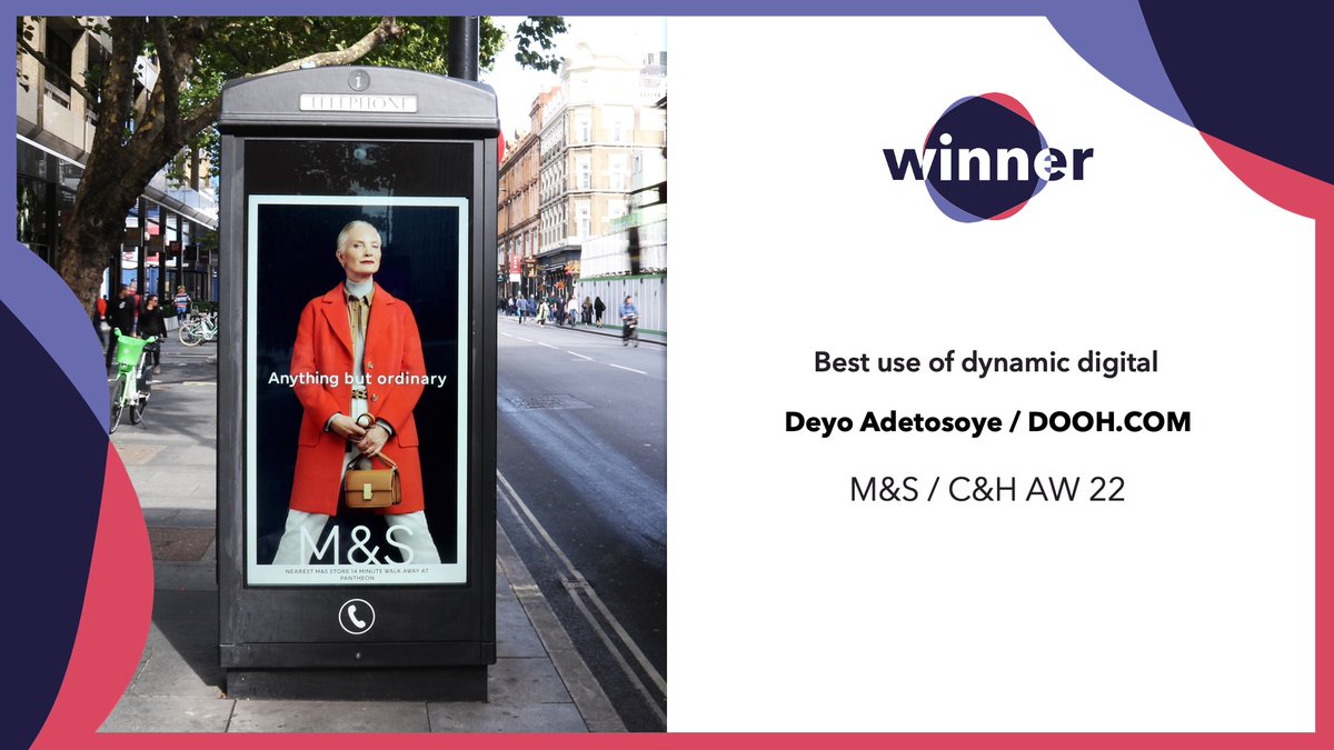 kineticwwUK's tweet photo. Winner! Deyo Adetosoye & @WeAreDOOH win best use of dynamical digital for the @marksandspencer's AW22 campaign.
#KineticColours #InternalAwards #HomeOfCreativity #DOOH https://t.co/KfqIvuj9ip