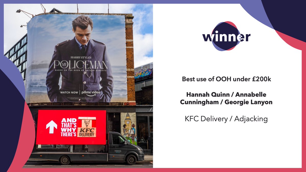 kineticwwUK's tweet photo. Winner! Taking the gold for best use of OOH under £200k is Hannah Quinn, Annabelle Cunningham and Georgie Lanyon for @KFC_UKI's Delivery Adjacking campaign!
#KineticColours #InternalAwards #HomeOfCreativity https://t.co/UW0fhcv4ny