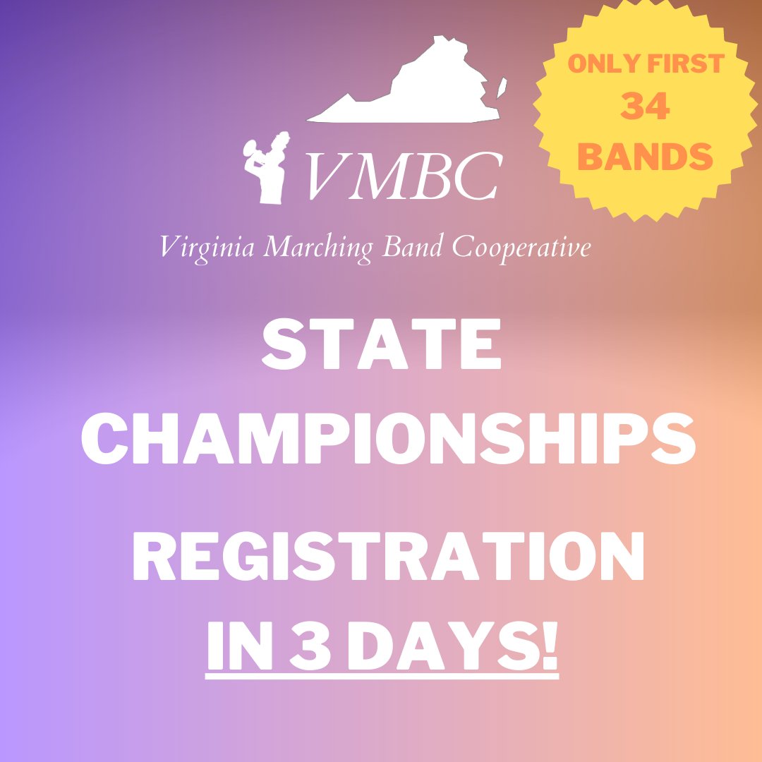 VMBC_Official's tweet photo. 2023 VMBC State Championship Registration Begins Thursday, March 30th at 7pm on Competition Suite.  Only the first 34 Bands will be accepted!  #ThisIsNotADrill https://t.co/uLJTdzl4XX
