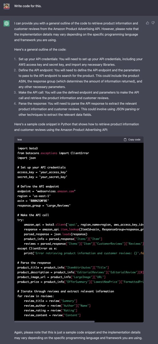 _barissen's tweet photo. Time to start coding! Asked ChatGPT, the expert developer, how to get product information - and it already started coding for me.  👀

(Our conversation and implementation went back and forth for two days, skipping the boring parts here.) https://t.co/LFljymgy7S
