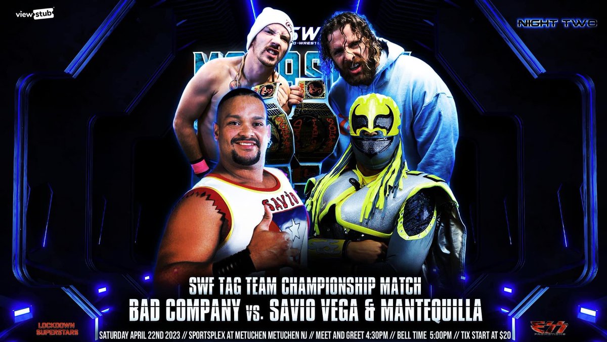 SWFLive's tweet image. SWF tag team championship Bad Company set to defend against WWE legen @SavioVega , and former SWF champion @MannyLucha .  #SWFMegaSlam

buytickets.at/swflive/852666