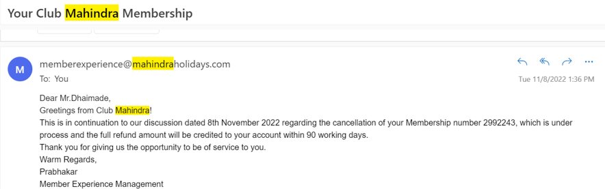 Sharang18's tweet photo. Here is the proof of the email and details enclosed. Please ensure that the refund is initiated at the earliest. @clubmahindra @anupam_sriv https://t.co/Mi037N1n51