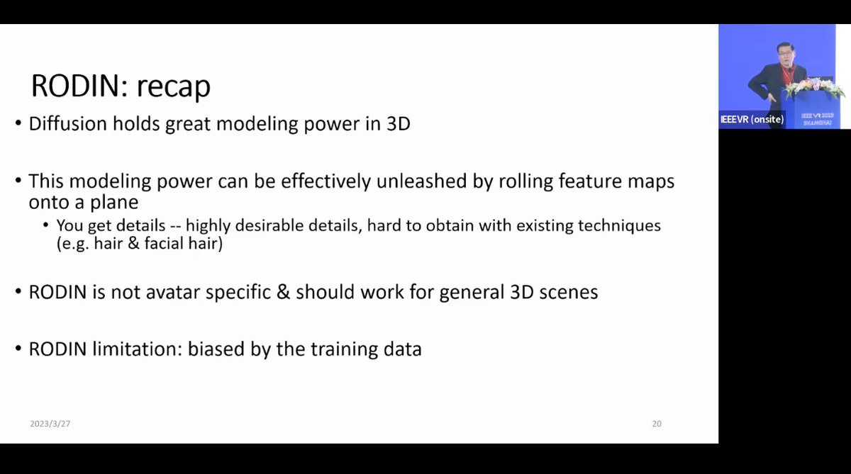 Enjoying watching the replay of the #ieeevr2023 keynote 1 by Dr Baining Guo <a href="/MSFTResearch/">Microsoft Research</a> trying to explain RODIN (Rollout Diffusion Network) in very simple terms.

A very complex method explained in a very comprehensive way! 

<a href="/IEEEVR/">IEEE Virtual Reality</a>