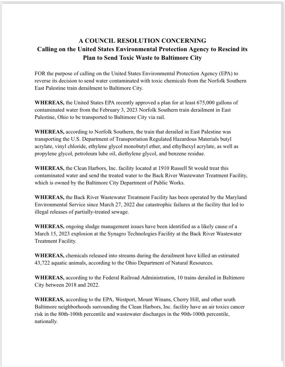 Zeke_Cohen's tweet photo. Today I’ll introduce a resolution calling on the EPA to reverse its decision to send contaminated water from East Palestine to Baltimore.

We should not be a dumping ground for toxic sludge. https://t.co/JzYauhvDr7