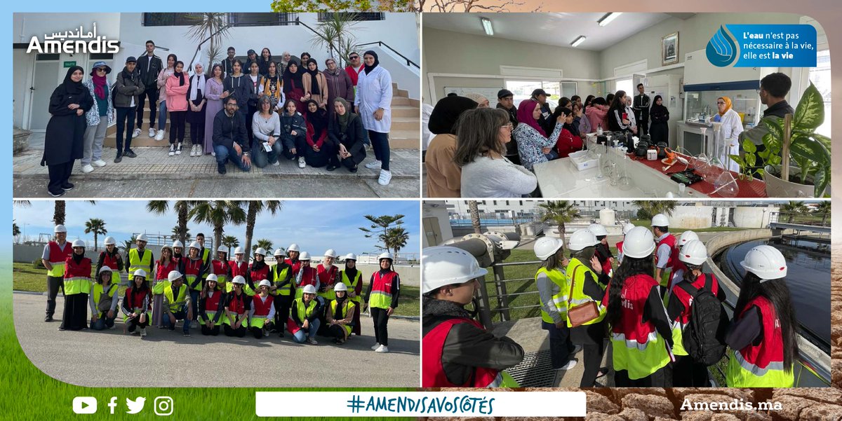 AmendisOfficiel's tweet photo. Dans le cadre de sa participation à la semaine nationale de l'eau, Amendis a accueilli les membres de l'#AESVT pour leur faire suivre le chemin d’une goutte d’#eau de l’amont à l’aval
➡Du laboratoire pour voir le processus d'analyse à la Step Boukhalef pour découvrir la #REUSE👇 https://t.co/ZGuo27CIv6