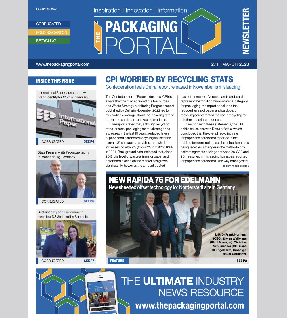 The 27th March edition of The Packaging Portal is available online now! thepackagingportal.com/digital-issues/

<a href="/Confedofpaper/">UK Paper Industries</a> <a href="/IntlPaperCo/">International Paper</a> <a href="/dssmithgroup/">DS Smith</a> <a href="/koenigandbauer/">Koenig & Bauer</a> <a href="/Sonoco_Products/">Sonoco</a> <a href="/EFIPrint/">EFI</a> <a href="/LogsonGroup/">Logson Group</a> <a href="/whleary/">W. H. Leary</a> <a href="/AvantiConveyors/">Avanti Conveyors</a> <a href="/xsys_global/">XSYS</a>

#packaging #corrugated #foldingcartons