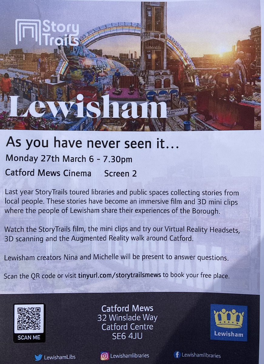 Lewisham as you’ve never seen it…

6 to 7.30pm tonight @CatfordMews

StoryTrails Legacy experience. Watch the StoryTrails film, mini clips and try out our VR headsets, 3D scanning and augmented reality walk around #Catford #SE6

Book your free place here

lewisham.events.mylibrary.digital/event?id=61549