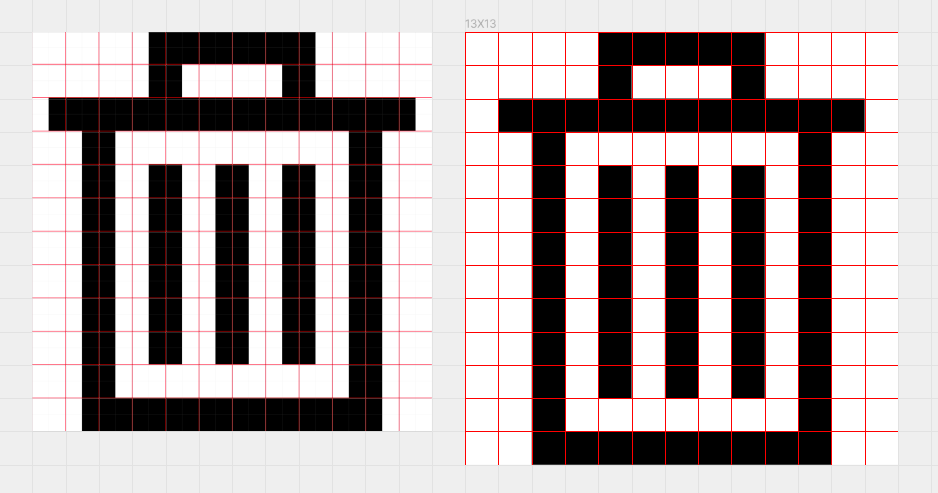 tylerctrotter's tweet photo. @bonniekatewolf reading https://t.co/ZFyvID3Hps and thinking that even-numbered grids and being "on-pixel" are sometimes in tension. For example, the trash can in the article could be centered and on-pixel in a 13x13 grid. Why does everybody recommend an even grid? https://t.co/pt6lVTA6DR