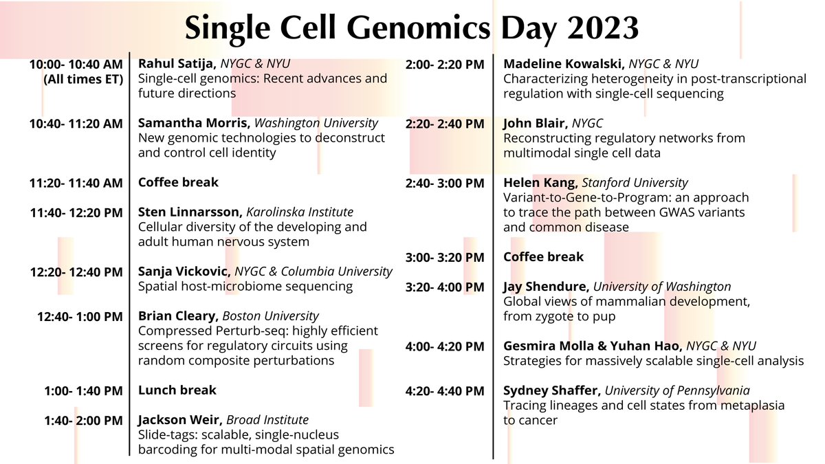 Interested in single cell genomics but need help getting started? Check out the full agenda for our Single Cell Genomics Day next Friday (4/7). All talks will be live-streamed (no registration required) at satijalab.org/scgd23