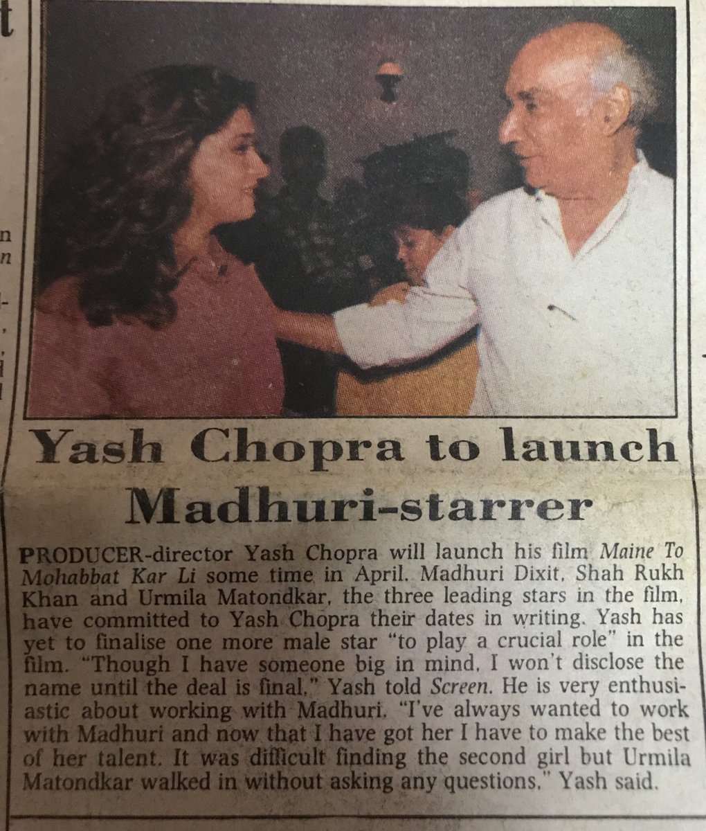 TheVivekVerse's tweet photo. #Yash_Chopra To Launch #Madhuri Starrer Movie #Maine_To_Mohabbat_Kar_Li.
Starring : #Madhuri_Dixit, #SRK & #Urmila_Matondkar.
Later #Urmila Replaced by #Karishma_Kapoor & Movie Renamed as #Dil_Toh_Paagal_Hai (1997)
The Film Was #BLOCKBUSTER with 2.95cr FFs. https://t.co/Lw0V9OmQpp