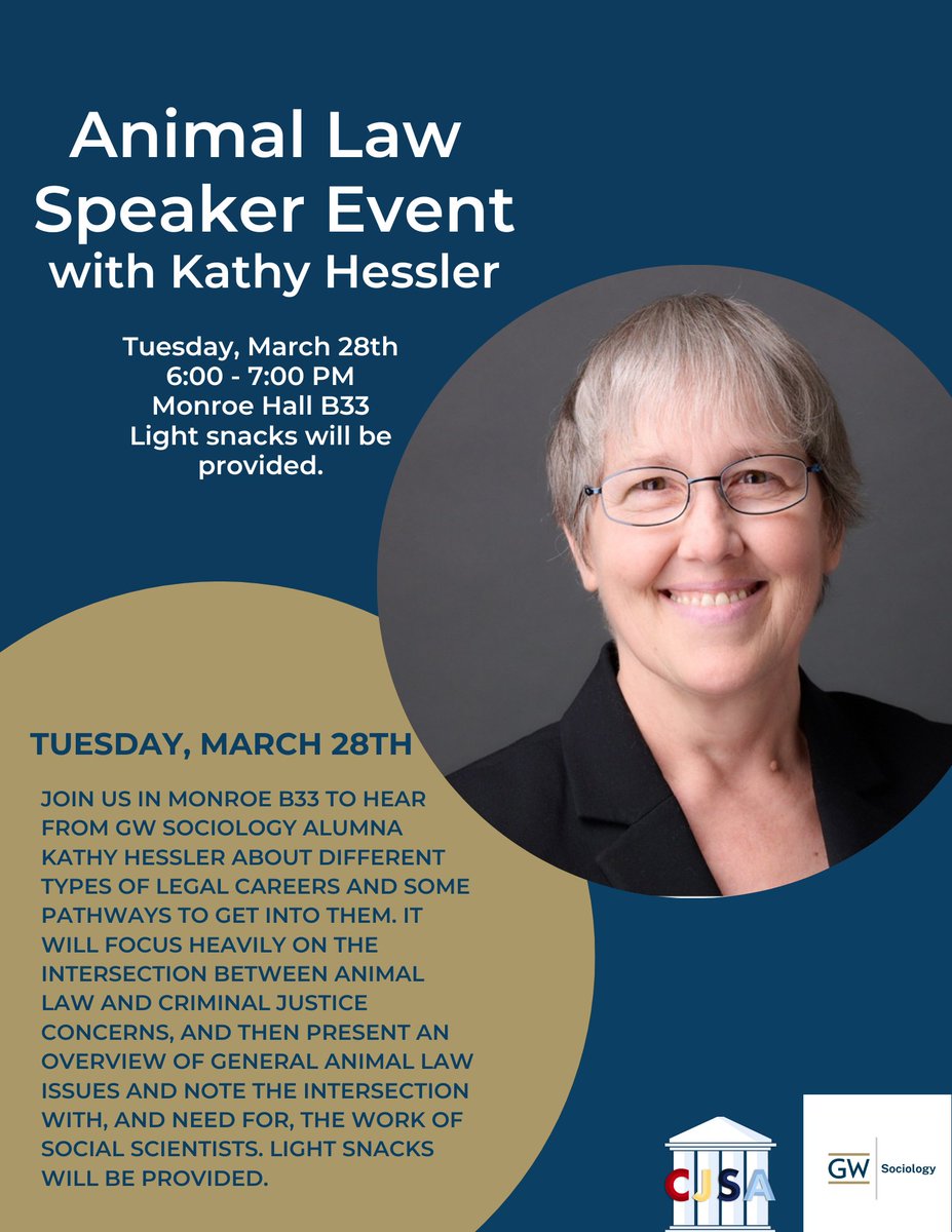 Join us tomorrow for an event on Animal Law with Sociology department alumna Kathy Hessler!