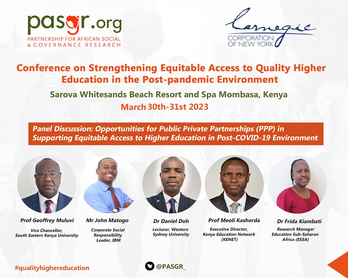 PASGR_'s tweet photo. Panel discussion on "Opportunities for Public Private Partnerships in Supporting Equitable Access to #HigherEducation in the Post-pandemic Environment." Our panelists will share insights on how PPPs can be leveraged to ensure all students have access to quality higher education. https://t.co/uDsGf3tpQY