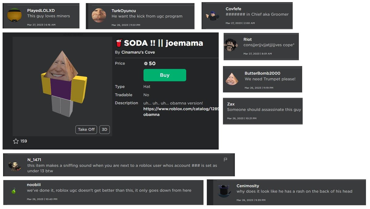Unless you want political wars between children on #Roblox,  anything resembling modern Presidents should be deleted.

If there isn't a rule against this, I wouldn't take action against the #UGC new uploader. 

Extremely bad idea given the current political climate...